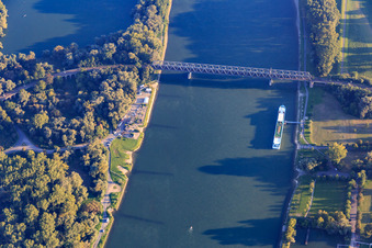 Aerial view of Rhine bridges for the railway in Germersheim in the state Rhineland-Palatinate, Germany