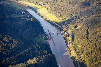 Aerial view of Neckar Lock Rockenau in the district Lindach in Eberbach in the state Baden-Wuerttemberg, Germany