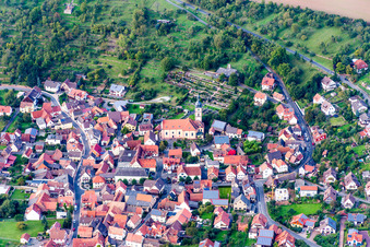 Aerial view of Town View of the streets and houses of the residential areas in the district Reicholzheim in Wertheim in the state Baden-Wurttemberg, Germany