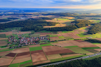 Village - view on the A3 from the north in the district Holzkirchhausen in Helmstadt in the state Bavaria, Germany