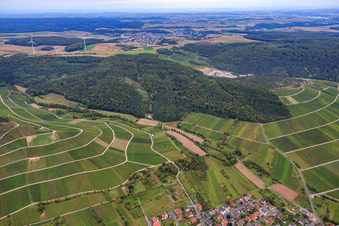 Aerial view of Franconian vineyard "Hönigsbergm -Fischberg" in the village on the Main in Thüngersheim in the state Bavaria, Germany