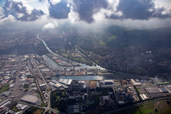 Quays and boat moorings at the port of the inland port Main in the district Gaustadt in Bamberg in the state Bavaria