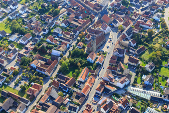 Aerial view of St. Kilian's Church Hallstadt and Town Hall Hallstadt in Hallstadt in the state Bavaria, Germany