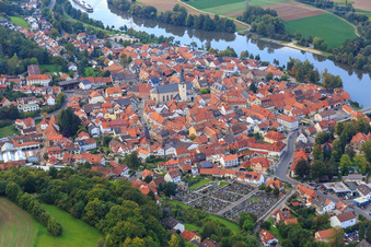 Aerial view of View of the town on the banks of the Main in Eltmann in the state Bavaria, Germany