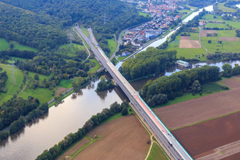 The A70 crosses the Main and disappears into the Schwarzer Berg tunnel in the district Limbach in Eltmann in the state Bavaria, Germany