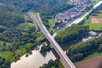 Routing and traffic lanes over the highway bridge in the motorway A 70 over the Main river in Eltmann in the state Bavaria