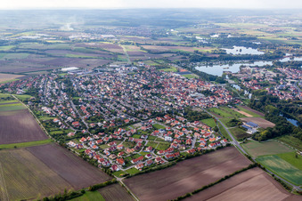 Aerial photograpy of Town on the banks of the river of the Main river in Sand am Main in the state Bavaria, Germany