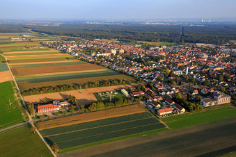 Aerial photograpy of Landauer Straße with Volunteer Fire Department Kandel and Willi-Hussong-Haus in Kandel in the state Rhineland-Palatinate, Germany