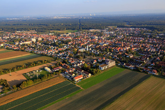 Aerial view of Guttenbergstraße with Willi Hussong House in Kandel in the state Rhineland-Palatinate, Germany