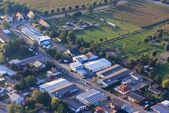 Industrial area Am Kleinwald from the southeast with embroidery Rieder and Getränke-Trauth GbR Owner N. & C. Lachomski in Herxheim bei Landau in the state Rhineland-Palatinate, Germany