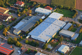 Industrial area Große Ahlmühle from the north with carpentry Daum Holzbau GmbH and Hobbydepot in Rohrbach in the state Rhineland-Palatinate, Germany