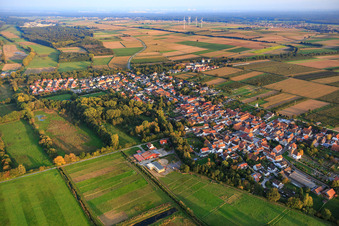 Aerial photograpy of Village view from the northwest in Billigheim-Ingenheim in the state Rhineland-Palatinate, Germany