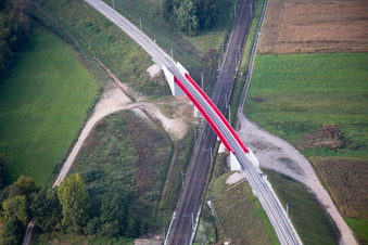 Aerial view of New construction site viaduct of the railway bridge construction crosssing the Marne-Rhine Channel in Eckwersheim in Grand Est, France