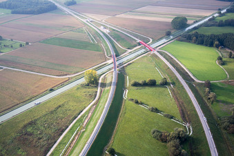 Aerial photograpy of New construction site viaduct of the railway bridge construction crosssing the Marne-Rhine Channel in Eckwersheim in Grand Est, France