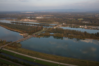 Aerial view of Locks - plants on the banks of the waterway of the Rhine EnBW Energie Baden-Wuerttemberg AG, Rheinkraftwerk Iffezheim in Iffezheim in the state Baden-Wurttemberg, Germany