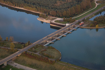 Aerial photograpy of Locks - plants on the banks of the waterway of the Rhine EnBW Energie Baden-Wuerttemberg AG, Rheinkraftwerk Iffezheim in Iffezheim in the state Baden-Wurttemberg, Germany
