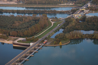 Oblique view of Locks - plants on the banks of the waterway of the Rhine EnBW Energie Baden-Wuerttemberg AG, Rheinkraftwerk Iffezheim in Iffezheim in the state Baden-Wurttemberg, Germany