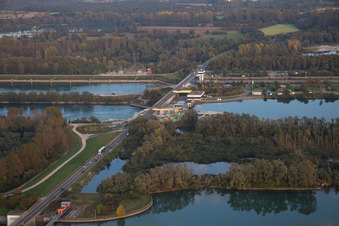 Locks - plants on the banks of the waterway of the Rhine EnBW Energie Baden-Wuerttemberg AG, Rheinkraftwerk Iffezheim in Iffezheim in the state Baden-Wurttemberg, Germany from above