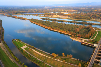 Rhine lock Iffezheim with bridge to France in Beinheim in the state Bas-Rhin, France