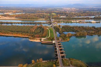 Rhine lock Iffezheim with bridge to France in Iffezheim in the state Baden-Wuerttemberg, Germany