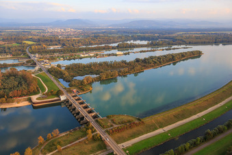 Aerial view of Rhine lock Iffezheim with bridge to France in Beinheim in the state Bas-Rhin, France