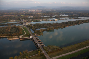 Locks - plants on the banks of the waterway of the Rhine EnBW Energie Baden-Wuerttemberg AG, Rheinkraftwerk Iffezheim in Iffezheim in the state Baden-Wurttemberg, Germany seen from above