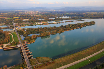 Aerial view of Rhine lock Iffezheim with bridge to France in Iffezheim in the state Baden-Wuerttemberg, Germany