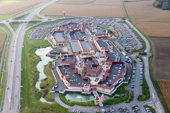Aerial view of Building of the shopping center Roppenheim The Style Outlets in Roppenheim in Grand Est, France