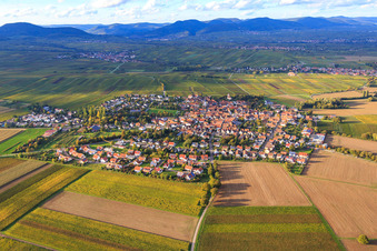 Aerial view of View of the town between autumnal vineyards from the southeast in the district Mörzheim in Landau in der Pfalz in the state Rhineland-Palatinate, Germany