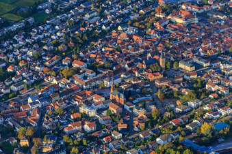 Aerial view of St. Martin at Ludwigsplatz and Market Church at the Market Square in Bad Bergzabern in the state Rhineland-Palatinate, Germany