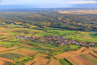 Village view between autumnal fields and meadows from the north in Schweighofen in the state Rhineland-Palatinate, Germany