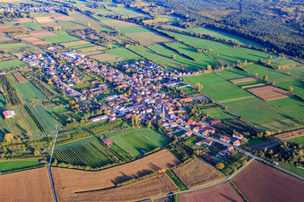 Village overview between autumnal fields and meadows with St. Laurentius Church from the northwest in Schweighofen in the state Rhineland-Palatinate, Germany