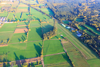 Runway and airfield hangar of airfield Schweighofen in Schweighofen in the state Rhineland-Palatinate, Germany