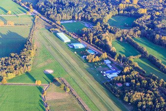 Aerial view of Runway and airfield hangar of airfield Schweighofen in Schweighofen in the state Rhineland-Palatinate, Germany