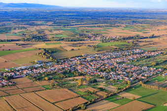 Village overview between autumnal fields and meadows from the west in Steinfeld in the state Rhineland-Palatinate, Germany