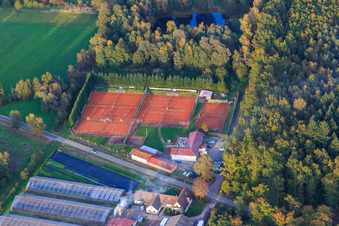Aerial view of Waldhof Frey on the edge of the Bienwald and tennis courts in Steinfeld in the state Rhineland-Palatinate, Germany