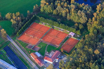Aerial photograpy of Waldhof Frey on the edge of the Bienwald and tennis courts in Steinfeld in the state Rhineland-Palatinate, Germany