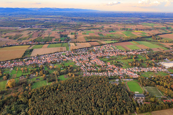 Village view between autumnal fields and meadows on the edge of the Bienwald forest from the south in the district Schaidt in Wörth am Rhein in the state Rhineland-Palatinate, Germany