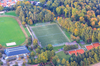 Stadium of TuS 1908 Schaidt on the edge of the Bienwald from the south in the district Schaidt in Wörth am Rhein in the state Rhineland-Palatinate, Germany