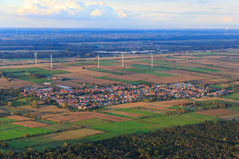 Village overview between autumnal fields and meadows on the Viehstrich from the south in Minfeld in the state Rhineland-Palatinate, Germany