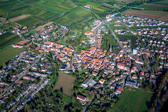 Aerial view of Town View of the streets and houses of the residential areas in the district Asselheim in Gruenstadt in the state Rhineland-Palatinate