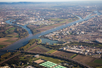 Island on the banks of the river course of Rhine river and of the old Rhine in the district Friesenheimer Insel in Mannheim in the state Baden-Wurttemberg, Germany