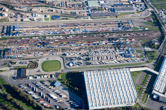 Bird's eye view of From the north in the district BASF in Ludwigshafen am Rhein in the state Rhineland-Palatinate, Germany
