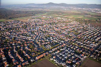Aerial view of Town View of the streets and houses of the residential areas in Lorsch in the state Hesse, Germany