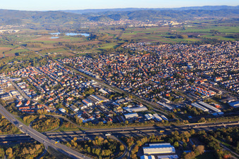 Aerial view of City view from the northwest in Lorsch in the state Hesse, Germany