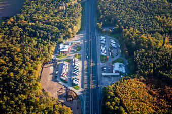 Routing and traffic lanes during the motorway service station and parking lot of the BAB A Serways Raststaette Lorsch West in Lorsch in the state Hesse, Germany