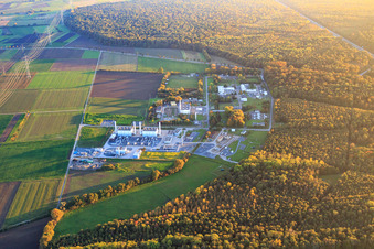 Natural gas plants at the edge of the forest of Open Grid Europe GmbH in the district Allmendfeld in Gernsheim in the state Hesse, Germany