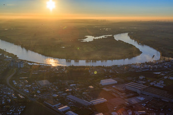 Aerial view of Gernsheim Rhine loop at sunset in Gernsheim in the state Hesse, Germany