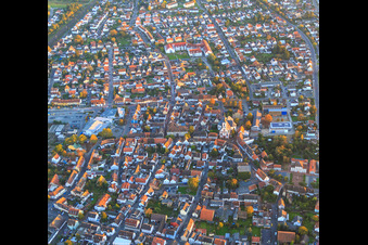 Aerial view of Catholic Parish Church of St. Mary Magdalene at the Peter-Schöffer Elementary School in Gernsheim in the state Hesse, Germany