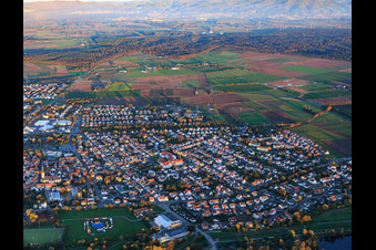 City center from the west with Haus Rheinaue nursing home in Gernsheim in the state Hesse, Germany